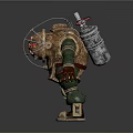 Green and Gold Armored Character With Diver Helmet Red Lights and Arm Mounted Weapon