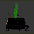Black Cauldron With Green Flame Red Hook And Decorative Legs