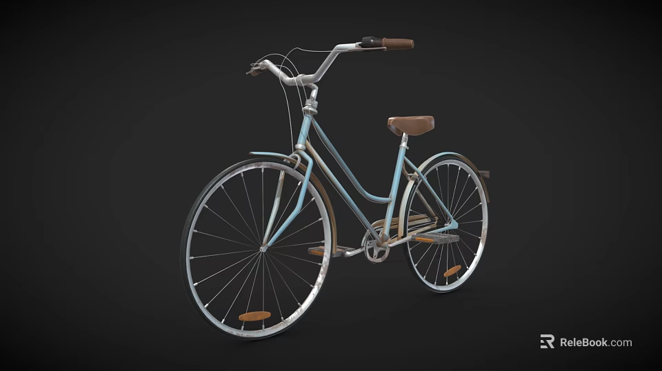 Vintage Bicycle With Light Blue Frame Brown Leather Seat And Chrome Wheels 3d model 