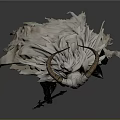 Fantasy Character With Large Curved Horns Ornamental Tattered Cloak Holding Long Spear Dark Armor Design