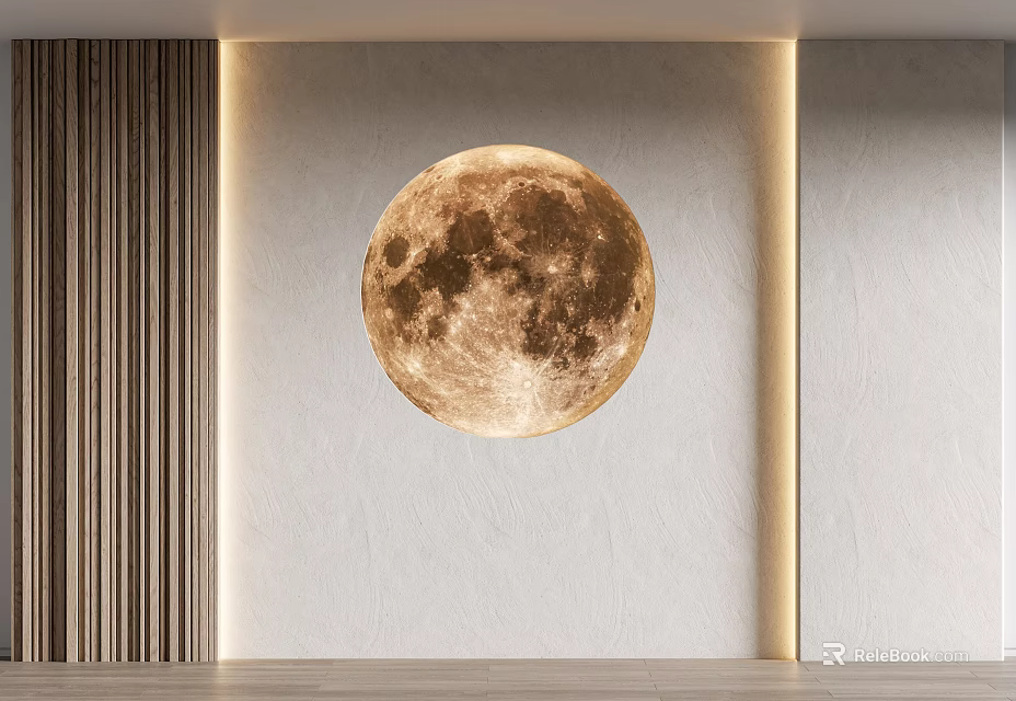 Modern Interior Decor With Large Moon Wall Art And Warm Lighting 3d model