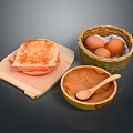 Basket of Brown Eggs and Freshly Toasted Bread with Wooden Cutting Board Bowl and Spoon