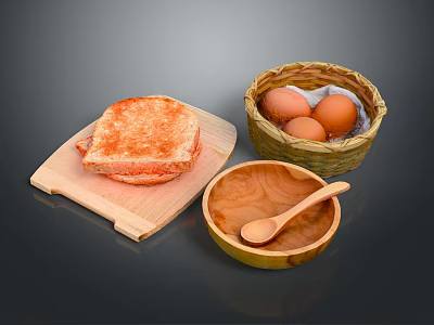Basket of Brown Eggs and Freshly Toasted Bread with Wooden Cutting Board Bowl and Spoon 3d model