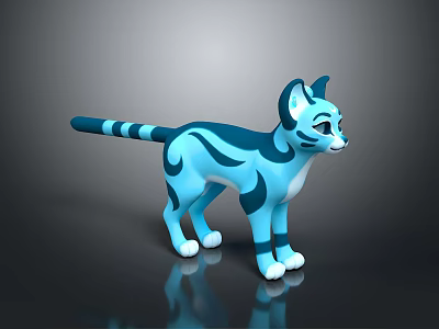 Cartoon Style Blue Cat Figure With Striped Pattern On Black Background Reflection 3d model
