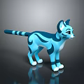 Cartoon Style Blue Cat Figure With Striped Pattern On Black Background Reflection