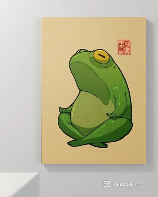 Green Frog Animal Painting Sitting in Meditating Pose on Beige Background 3d model 