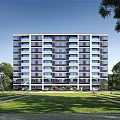 Modern Multi Story Residential Building With Balconies Green Lawn And Surrounding Trees