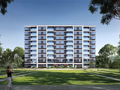Modern Multi Story Residential Building With Balconies Green Lawn And Surrounding Trees 3d model