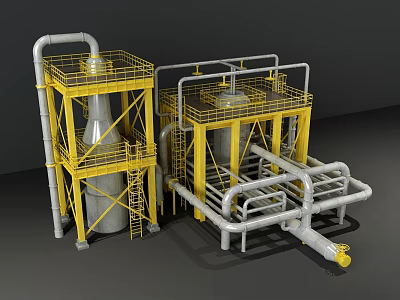 Industrial Equipment with Yellow Steel Frames Silver Storage Tanks and Connecting Pipes 3d model