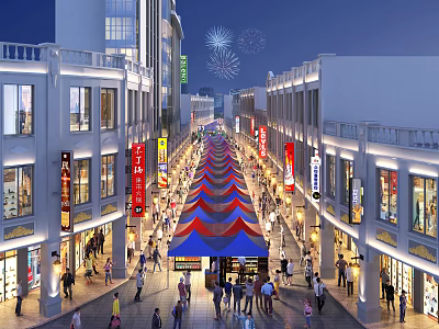 Busy Commercial Street at Night with Colorful Tents Storefronts Crowds and Fireworks 3d model