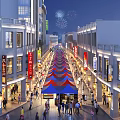 Busy Commercial Street at Night with Colorful Tents Storefronts Crowds and Fireworks