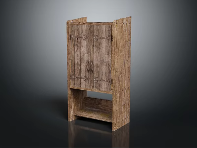 Rustic Wooden Cabinet With Double Doors And Open Bottom Shelf Design 3d model