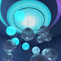Blue Interior Exhibition Space With Circular Light And Transparent Spherical Decorations 3d model