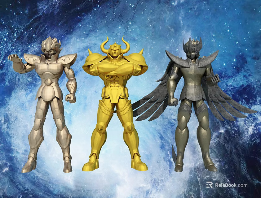 Game and Movie Characters Armored Figures in Gold Silver and Gray with Starry Space Background 3d model 