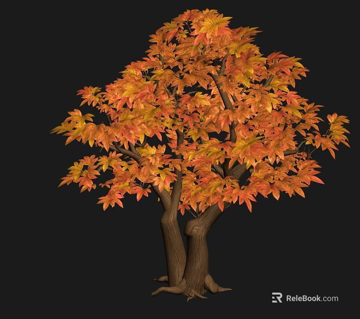 Vibrant Autumn Tree with Orange and Red Leaves and Brown Trunks Against Black Background 3d model 