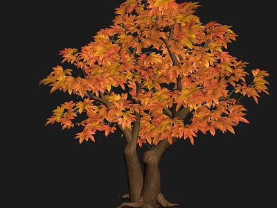 Vibrant Autumn Tree with Orange and Red Leaves and Brown Trunks Against Black Background 3d model