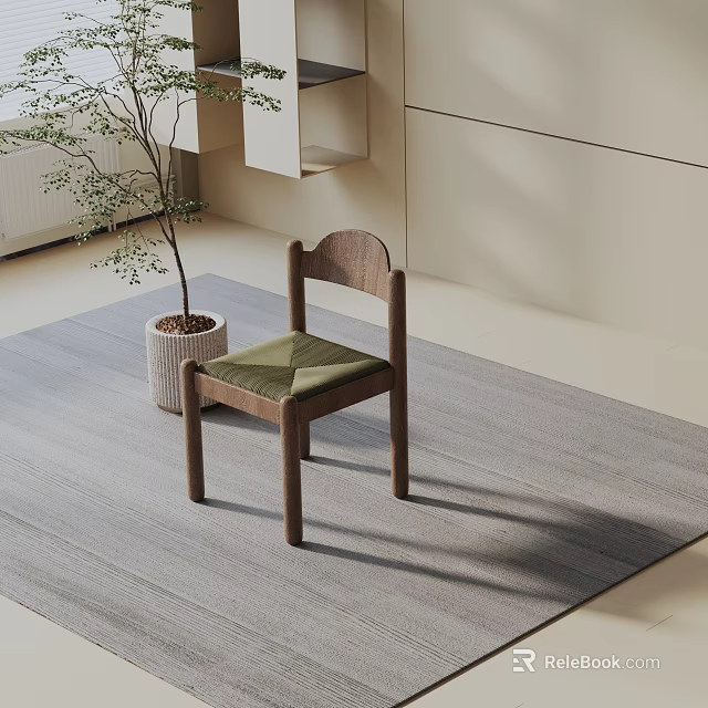 Comfortable Leisure Chair With Wooden Frame Green Cushion On Gray Rug And Potted Plant 3d model 