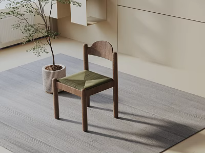 Comfortable Leisure Chair With Wooden Frame Green Cushion On Gray Rug And Potted Plant 3d model