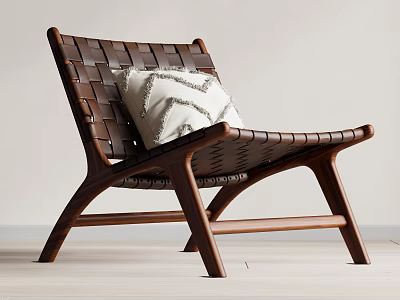 Leisure Chair With Brown Wooden Frame And Woven Design Featuring Decorative Pillow 3d model