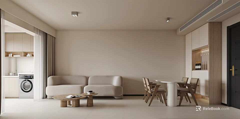 Minimalist Living Dining Room Interior With Beige Sofa Wooden Coffee Table And Dining Chairs 3d model 