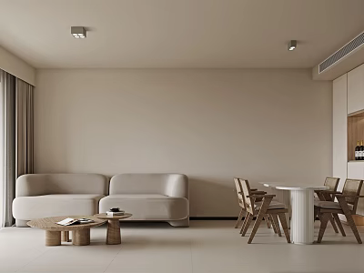 Minimalist Living Dining Room Interior With Beige Sofa Wooden Coffee Table And Dining Chairs 3d model