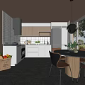Modern Kitchen With Cabinets Dining Table Chairs Artwork Windows And Concrete Floor