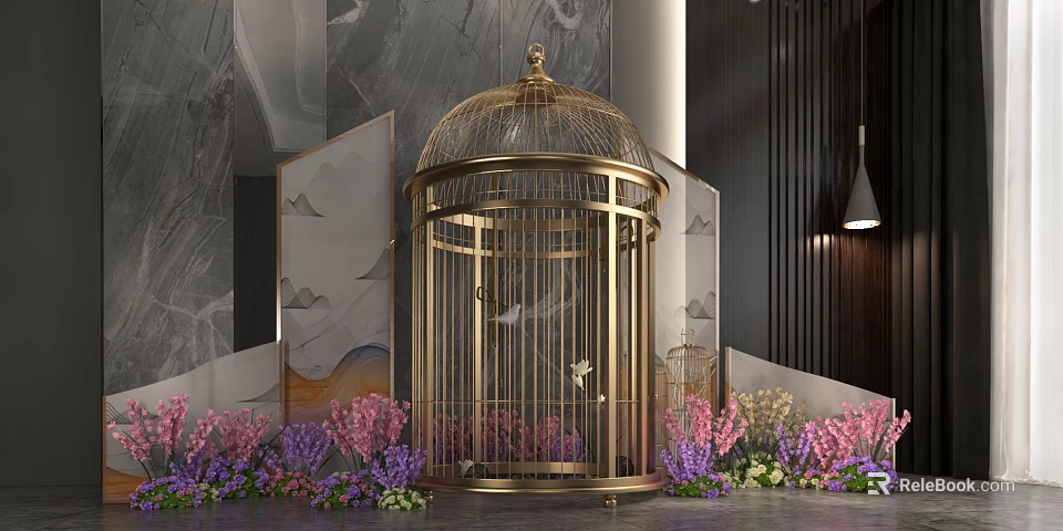 Luxurious Golden Birdcage Decorated With Colorful Flowers Against Marble Wall And Modern Decor 3d model 