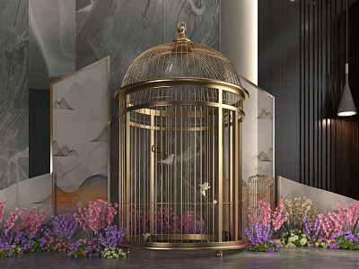 Luxurious Golden Birdcage Decorated With Colorful Flowers Against Marble Wall And Modern Decor 3d model