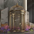 Luxurious Golden Birdcage Decorated With Colorful Flowers Against Marble Wall And Modern Decor
