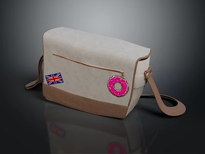 Beige Canvas Crossbody Bag With Union Jack And Pink Donut Patches And Brown Strap 3d model