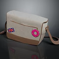 Beige Canvas Crossbody Bag With Union Jack And Pink Donut Patches And Brown Strap