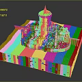 Cartoon Scenery Featuring Green Dome Building And Small Surrounding Buildings On Sand Base With Spots