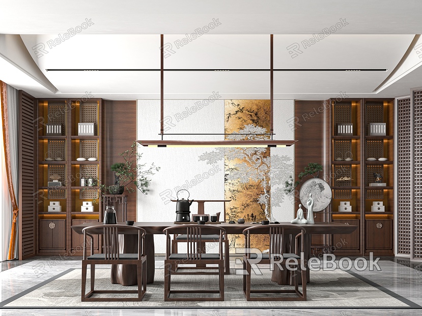 New Chinese Style Tea Room Tea Table and Chair Combination Tea Tasting Area Chandelier Decorative Cabinet model