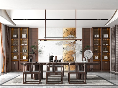 New Chinese Style Tea Room Tea Table and Chair Combination Tea Tasting Area Chandelier Decorative Cabinet model