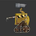 Yellow Rusty Robot Character With Tracked Wheels And Mechanical Arm Design 3d model