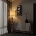 Modern Entryway Side Cabinet With White Geometric Design Floor Lamp Magazine Rack And Vase Decor