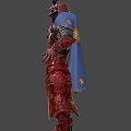Man in red samurai armor with intricate patterns horned helmet and blue cape on shoulders