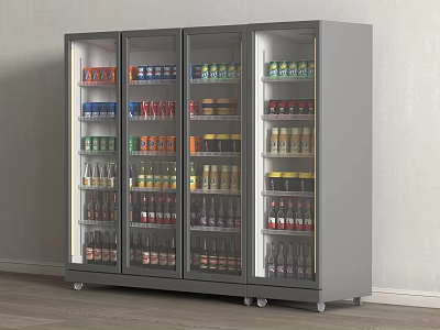 Commercial Multi Door Glass Front Gray Display Refrigerator With Wheels Stocked With Beverages 3d model