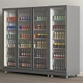 Commercial Multi Door Glass Front Gray Display Refrigerator With Wheels Stocked With Beverages