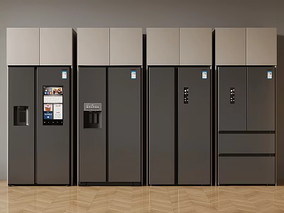 Modern Refrigerators With Digital Displays And Various Door Styles In Row 3d model
