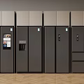 Modern Refrigerators With Digital Displays And Various Door Styles In Row