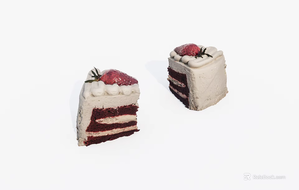 Two Slices of Red Velvet Cake with Creamy Layers and Fresh Strawberry Topping 3d model 