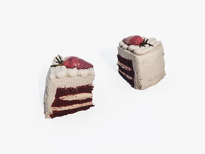 Two Slices of Red Velvet Cake with Creamy Layers and Fresh Strawberry Topping 3d model