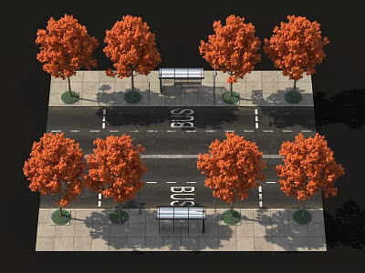 Vibrant Urban Streetscape With Orange Trees Bus Stops And BUS Lane Road 3d model