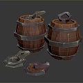 3D Rendered Orange Wooden Barrels With Metal Hoops And Scattered Lids