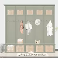 Green Shoe Cabinet With Compartments Wicker Baskets Bench Coat Hooks And Welcome Rug