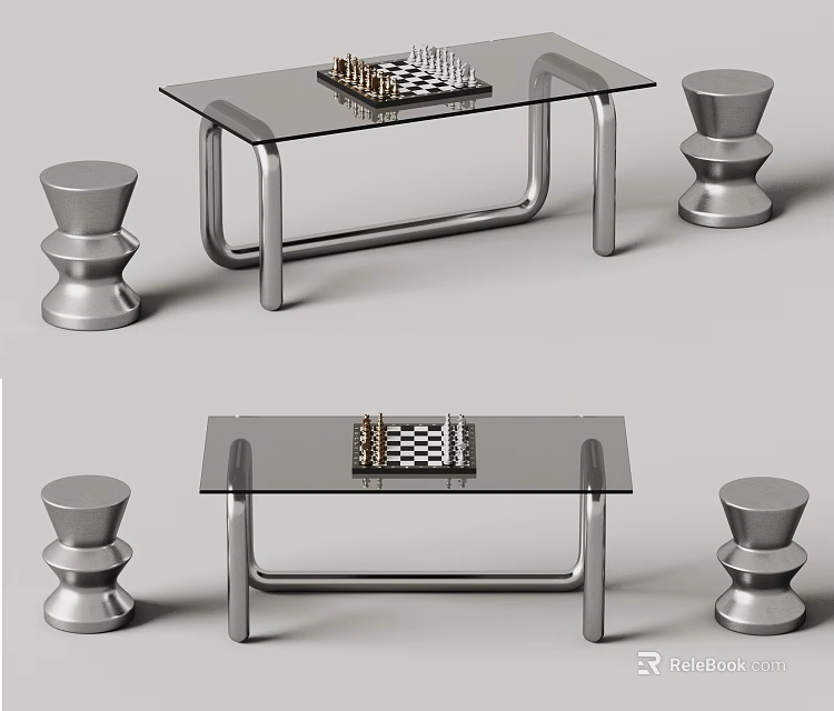 Stylish Chessboard Setup With Glass Tables And Stools 3d model 