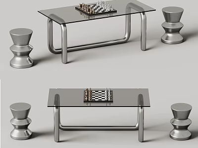 Stylish Chessboard Setup With Glass Tables And Stools 3d model