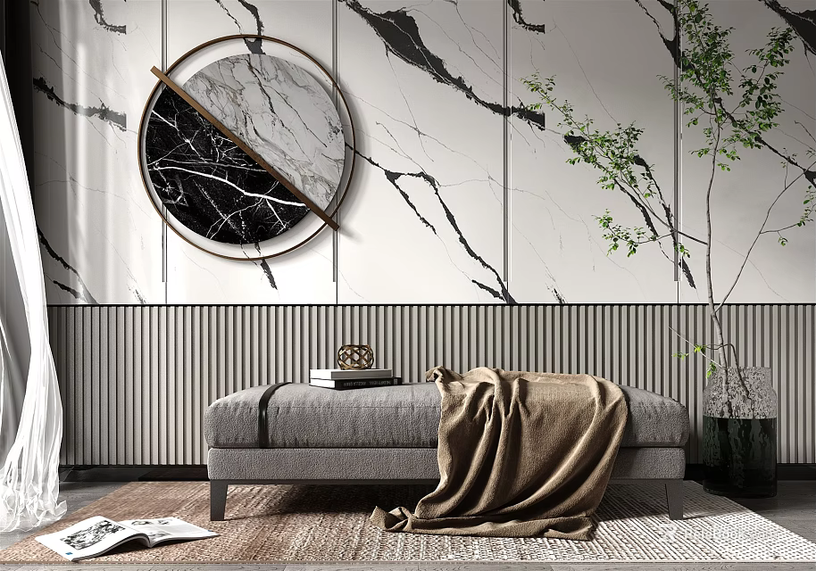 Gray Sofa Bench With Blanket Books On Marble Wall Round Decor Green Plants Wooden Floor 3d model 