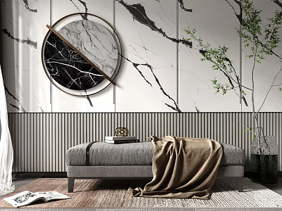 Gray Sofa Bench With Blanket Books On Marble Wall Round Decor Green Plants Wooden Floor 3d model